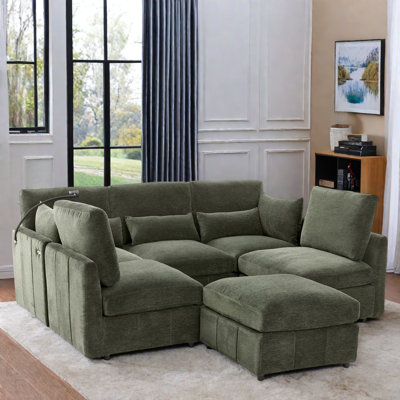 Modern Sectional Sofa With A Movable Ottoman, 2 Usb Ports And A Phone Holder