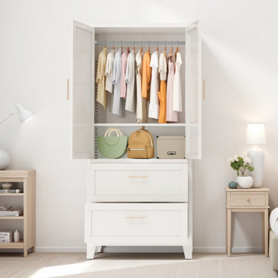Armoire-penderie de 71 po de hauteur avec 2 tiroirs et une tringle, 2 portes-penderie avec tablette pour la chambre à coucher,