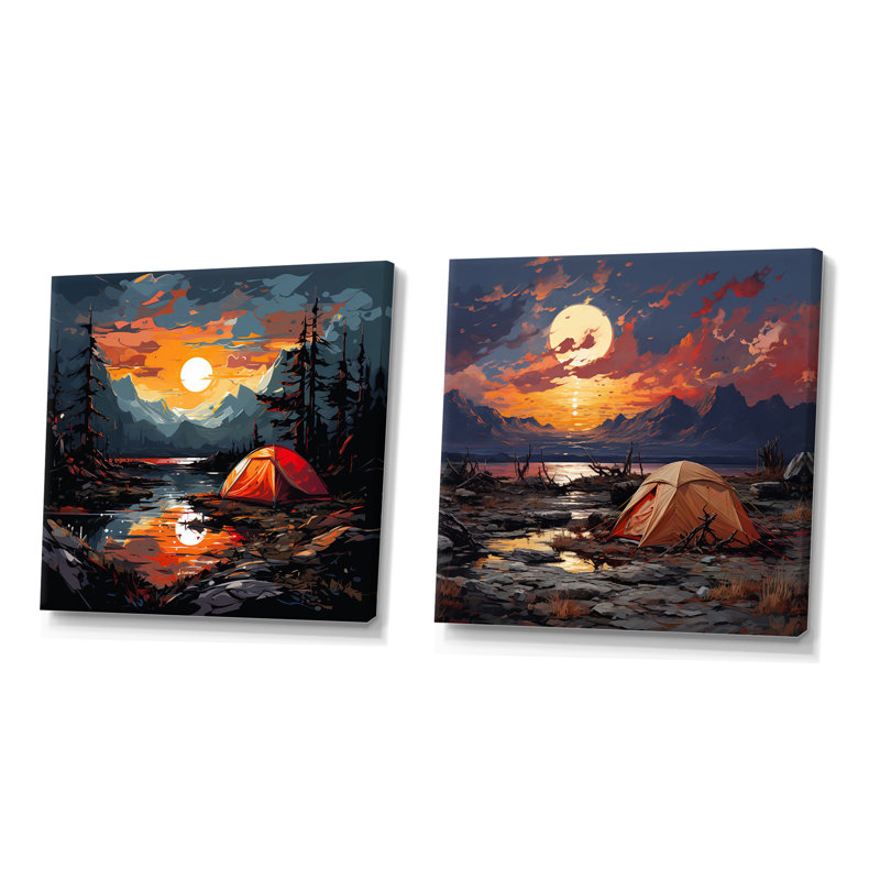 «Seaside Sunset Camp I», ensemble de 2 reproductions d'art sur toile, Toile tendue, H 16 po x l 33 po x P 1 po