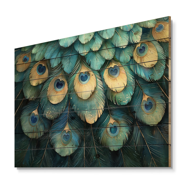 Collage de plumes de paon bleu et vert II - décoration murale en bois d'oiseau - sur bois de pin naturel