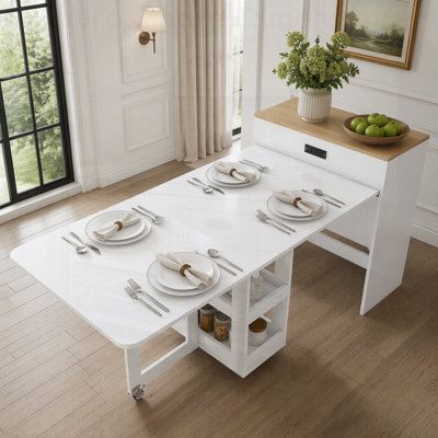 Extendable Dining Table with Power Socket, Lockable Casters, and Small Space Storage Cabinet, Pull-Out Top Kitchen Island, Imitation Marble Surface