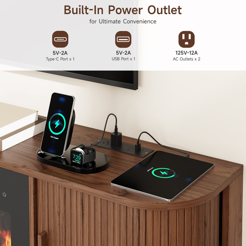 Meuble télé suspendu de 69 pouces avec foyer électrique, Walnut