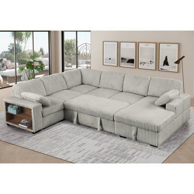 Shariff U-Shaped Corduroy Sectional Sofa with Pull-Out Bed, Storage Chaise Lounge & Open-Storage Armrest