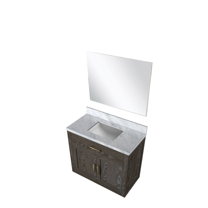 Single Bath Vanity 36 In. W X 22 In. D, Carrara Marble Countertop And 34 In. Mirror, Brown Oak