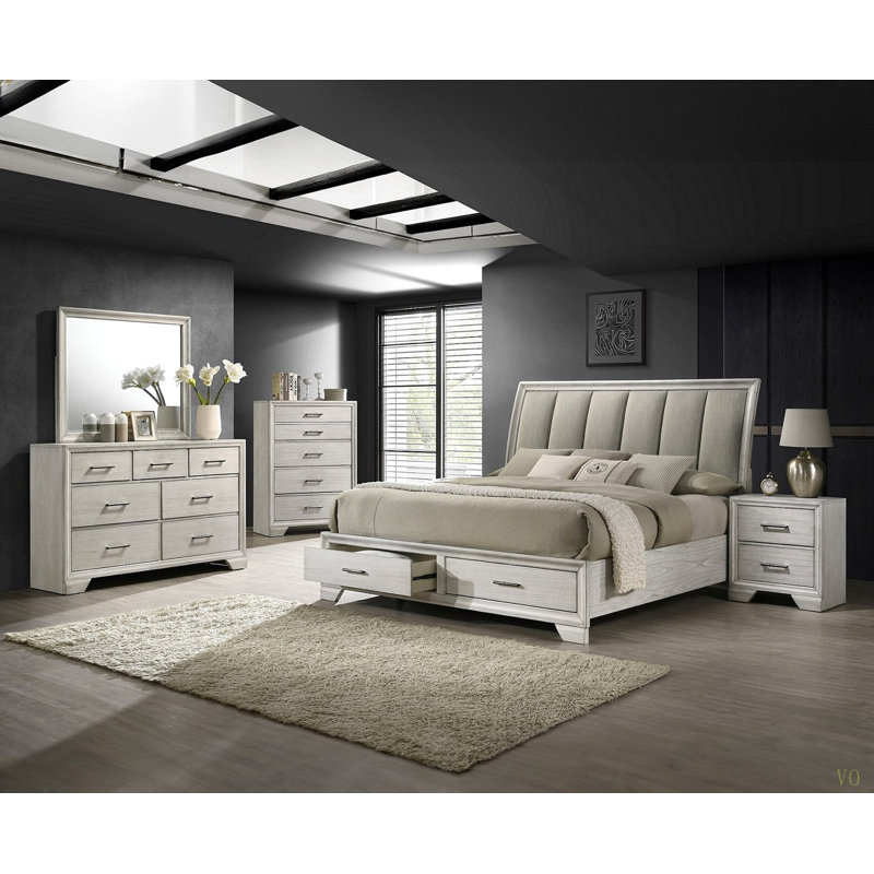Lit plateforme grand avec rangement 1pc, Blanc antique, Grand lit