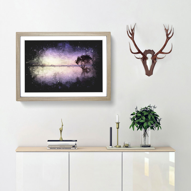 Tree Alone During a Purple Sunset - Picture Frame Graphic Art Print, Oak Framed, 45cm H x 63cm W x 2cm D