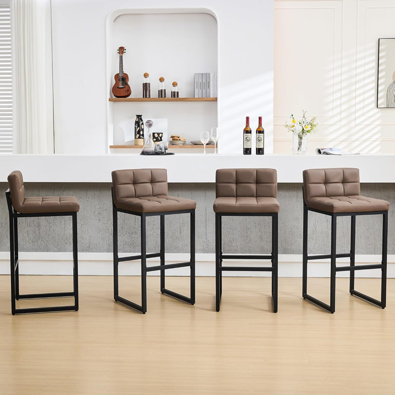 Tabouret de bar rembourré à dossier bas avec structure en métal épaissie pour îlot de cuisine, Brun, 4