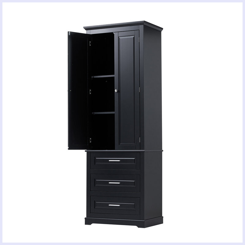 Modern Tall Storage Cabinet with Three Drawers for Bathroom, Black