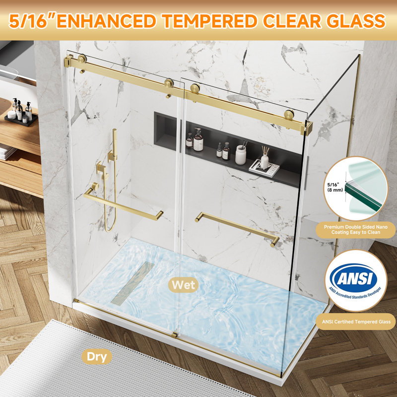 56-60"W X 32"D X 76"H Frameless Double Sliding Shower Door Enclosure, 5/16" Tempered Glass Corner Shower Door,  Shower Stall With Nano Coating, 304 Stainless Steel Hardware, Brushed Gold