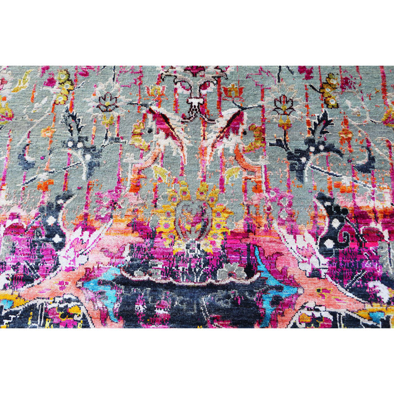 Hand Knotted Abstract Area Rug in Light Gray/Pink/Black/Blue, Rectangle 5' x 8'