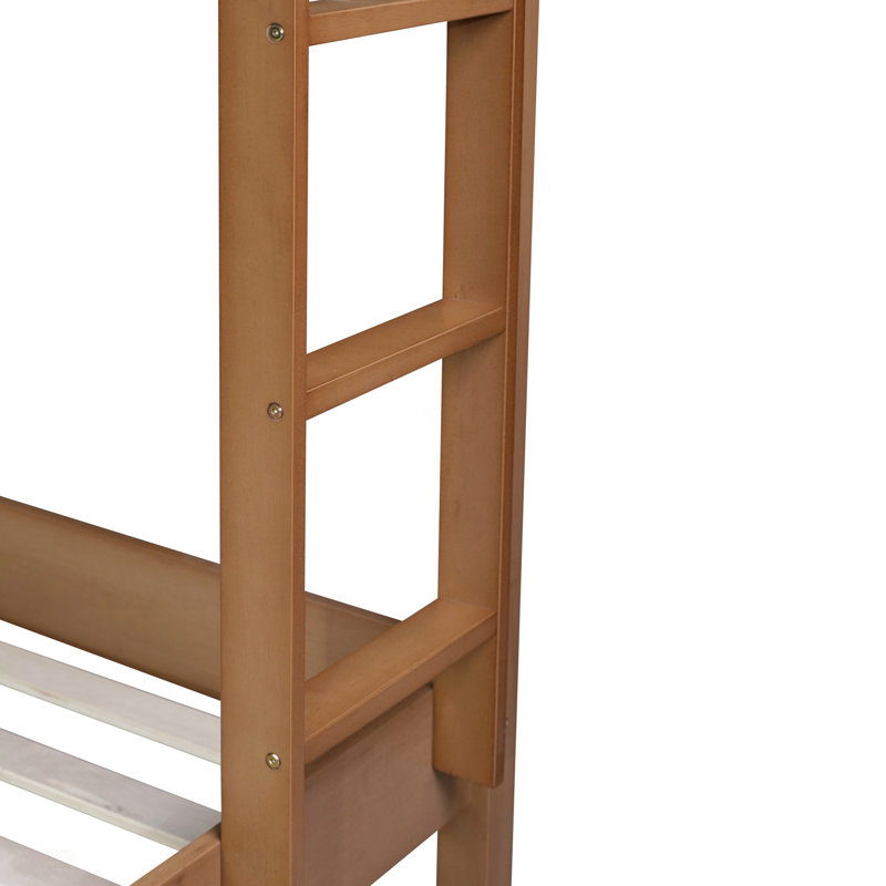 Lit superposé simple au-dessus de simple avec tête et pied de lit rembourrés Boucle, échelle, garde-corps de sécurité, structure en bois d'hévéa, naturel