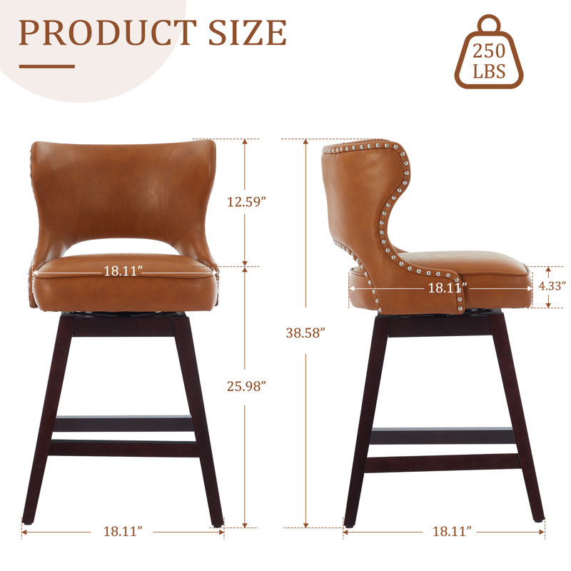 26" Solid Wood Swivel Counter Stool, Brown, 4