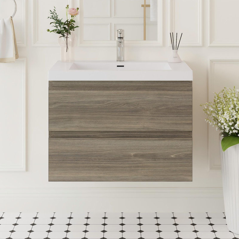 Meuble-lavabo suspendu de 76 cm (30 po) avec comptoir en résine intégré, 2 tiroirs à fermeture amortie, entièrement assemblé, noir lustré