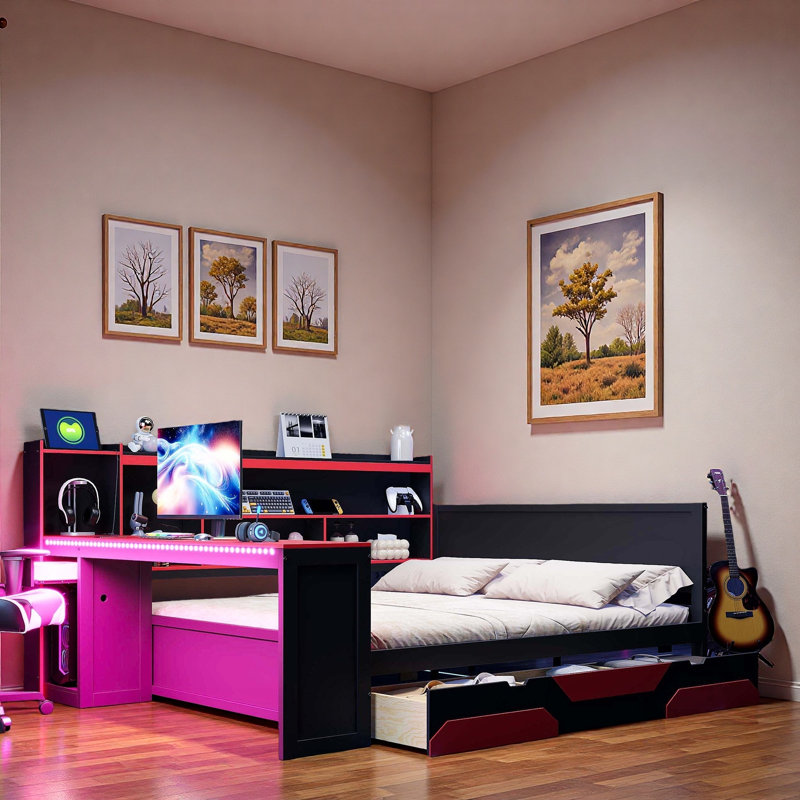 Modern Gaming Daybed With Integrated Desk, Light Strips, Built-in Charging Station, 3 Storage Drawers And Storage Shelves