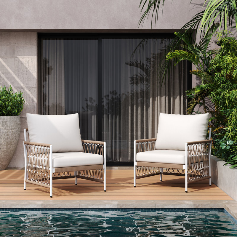 Binette Patio Woven Rope Lounge Chairs With Metal Frame & Cushions