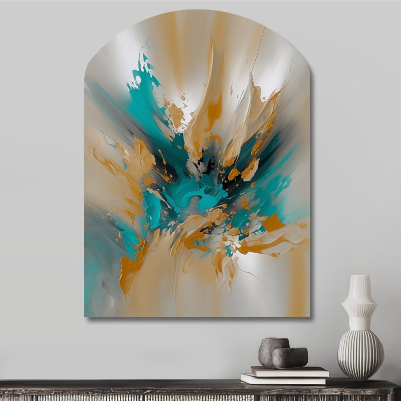 Jaune et turquoise, encre fluide en marbre - Art abstrait en marbre asymétrique, sculpture murale en arche, H 34 po x l 25 po