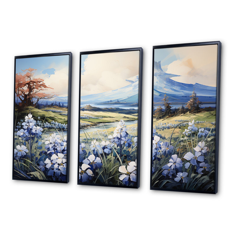 «Blue Bonnets Charm In Mountain Scenery» - ensemble d'art mural sur toile Blue Bonnets, Cadre flottant noir