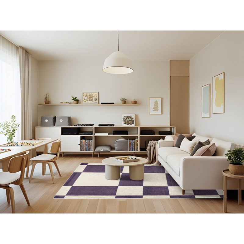 Machine Washable Checkered Beige Area Rug
