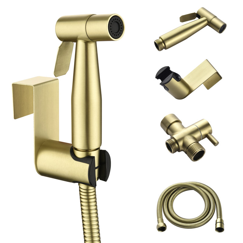 Round Handheld Bidet Sprayer For Toilet With Adjustable Pressure, Stainless Steel Hose & Brass T-Valve, Brushed Gold