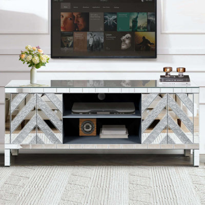 Mirrored TV Stand For 65+ Inch TV,Sliver TV Console Table With Open Storage & 2 Storage Cabinets ,M Shape Sparkling Mirror Doors For Living Room