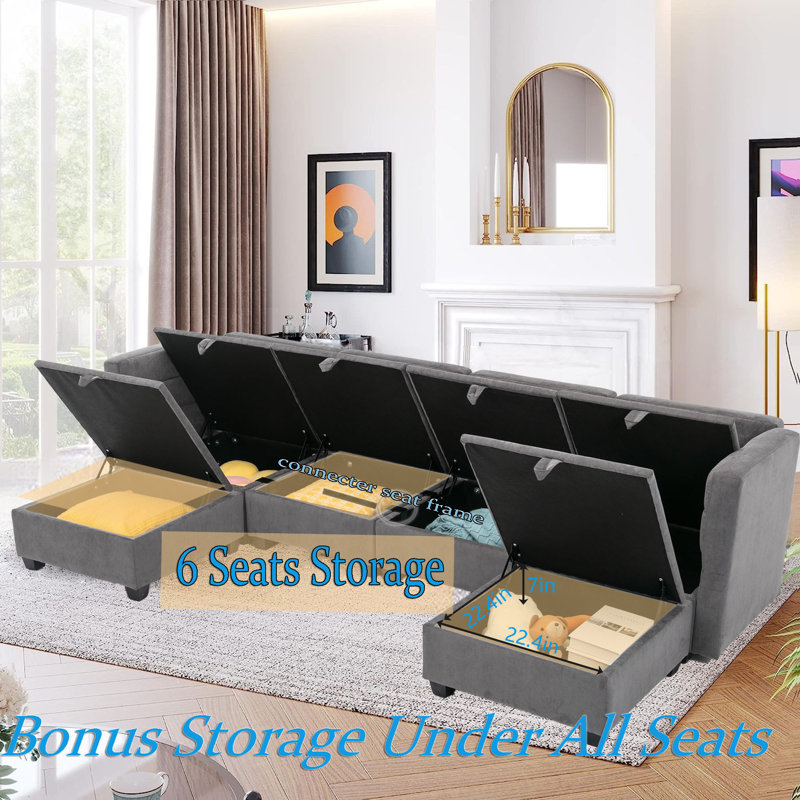 Hashim 6 - Piece Free Form Upholstered Convertible Modular Sofa Sectional with Storage, Dark Gray 100% Polyester
