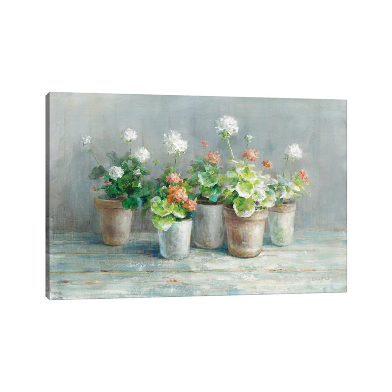 «Farmhouse Geraniums» par Danhui Nai - reproduction, H 8 po x l 12 po x P 0,75 po, Toile tendue, Pas de tapis