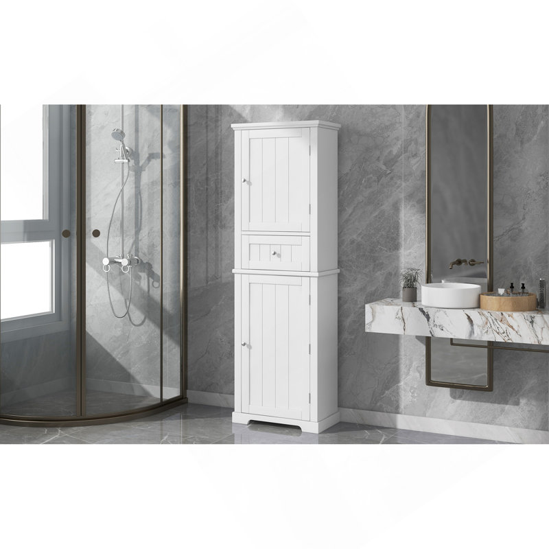 Grande armoire de rangement pour salle de bain, armoire de rangement autoportante avec tiroir et tablette réglable, panneau de fibres à densité moyenne avec finition peinte, blanc