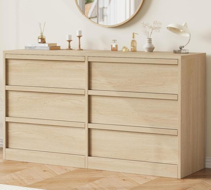 Commode à 6 tiroirs - Commode en bois de 47 po de largeur pour la chambre à coucher, grand rangement pour le salon, le vestibule, la chambre de bébé, le placard