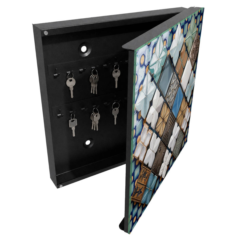 Key cabinet for wall, Opens to the left, 30x30x5, White, Geometric patterns with tiles, artistic composition, 