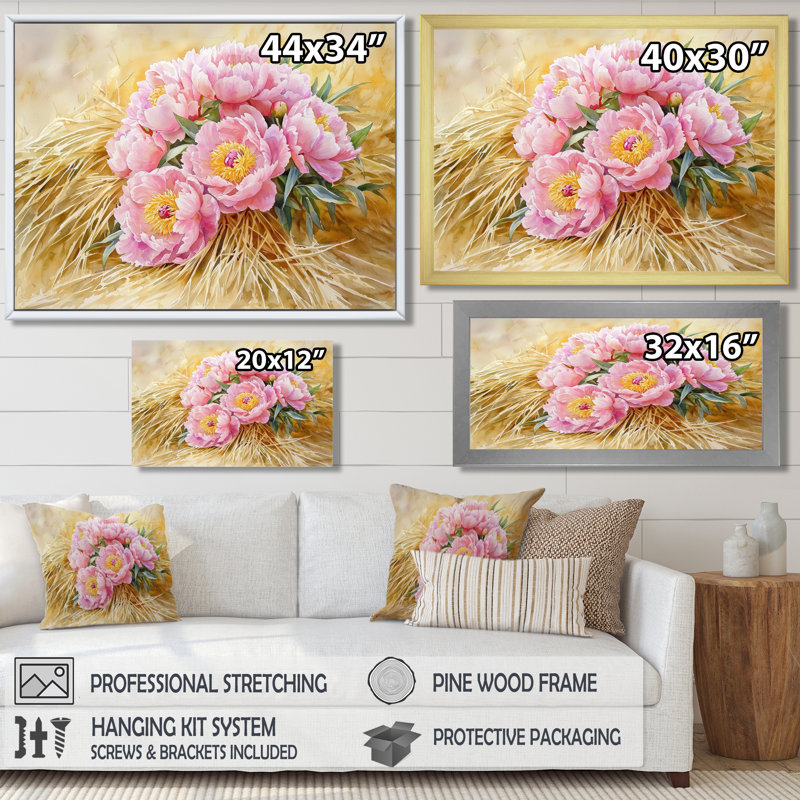 Isaiyah Farm, pivoines le long de la meule de foin II - pivoines, art mural sur toile, H 28 po x l 60 po, Brun
