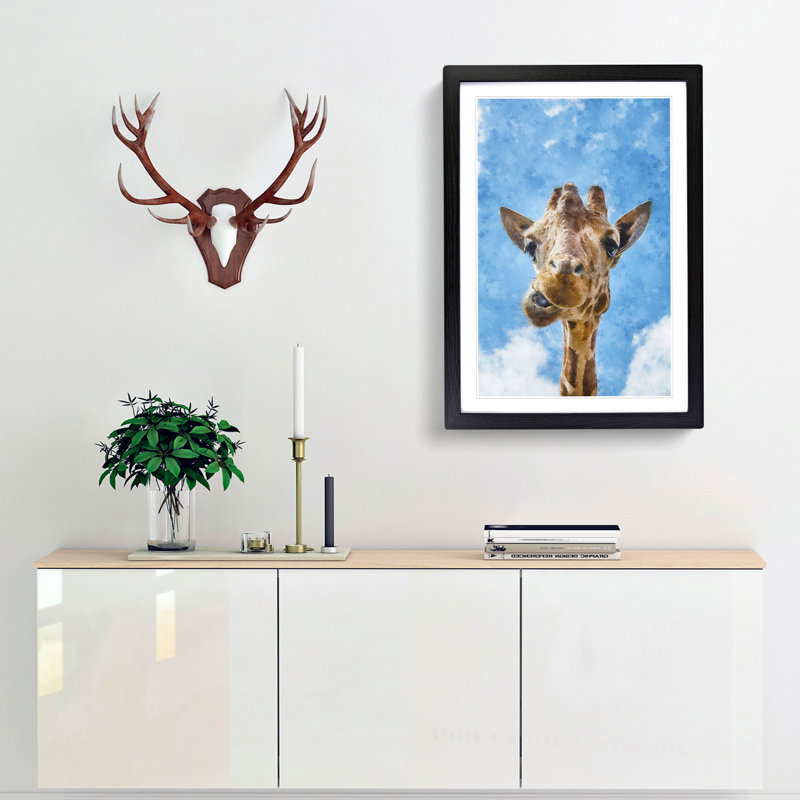 Chewing Giraffe - Picture Frame Painting Print, Black Framed, 45cm H x 33cm W x 2cm D