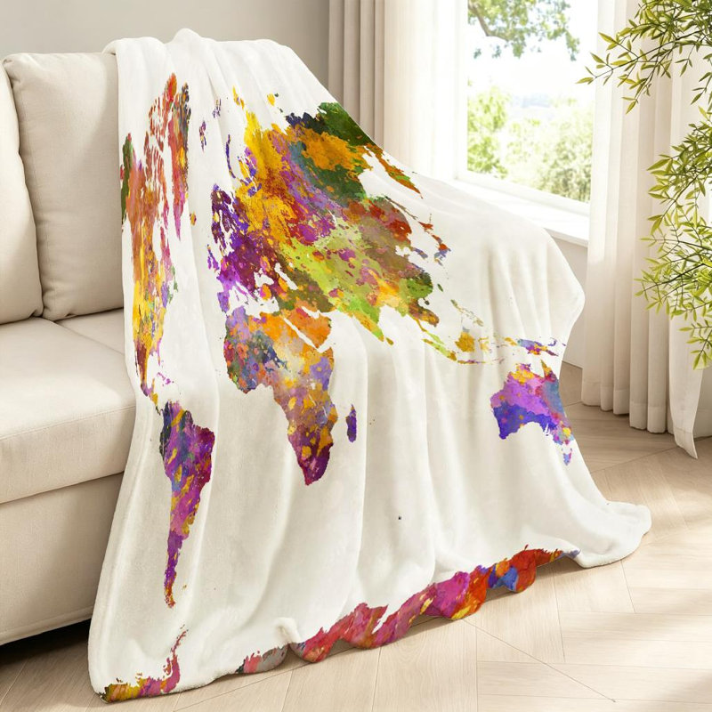 Jeté transparent en flanelle molletonnée ultra douce, impression de carte du monde aquarelle sur une face, Jeté 40 po x 50 po
