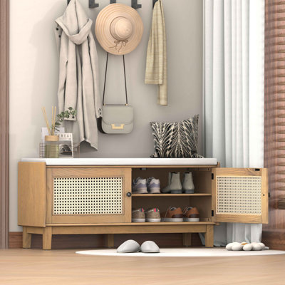 Banc en rotin pour hall d'entrée avec rangement, banc à chaussures rembourré avec portes doubles, banc de rangement en bois pour hall d'entrée et couloir