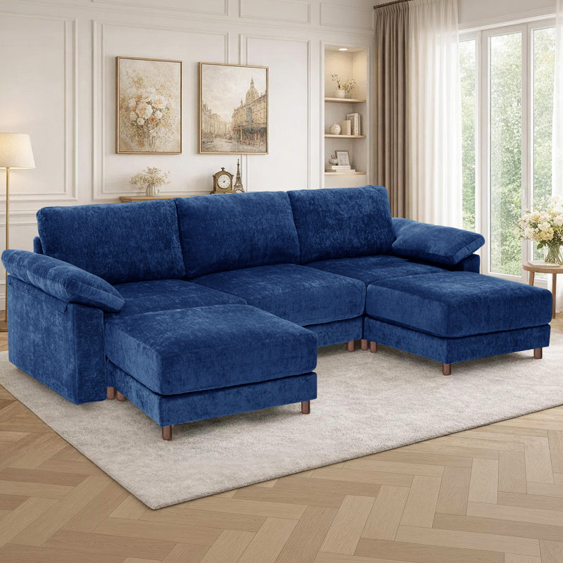 Canapé modulaire moderne pour le salon, Chenille bleu, H 37 po x l 145,7 po x P 37 po