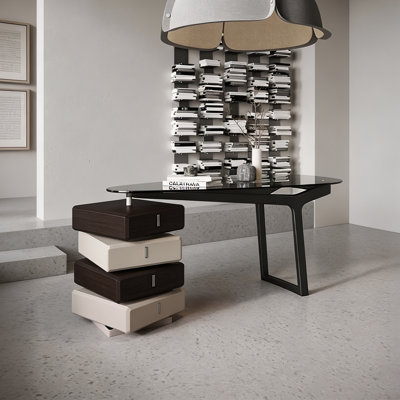 Bureau de direction moderne de 160 cm, bureau d'ordinateur asymétrique noir avec caisson suspendu à 4 tiroirs et piètement ajouré, bureau bicolore pour bureau à domicile