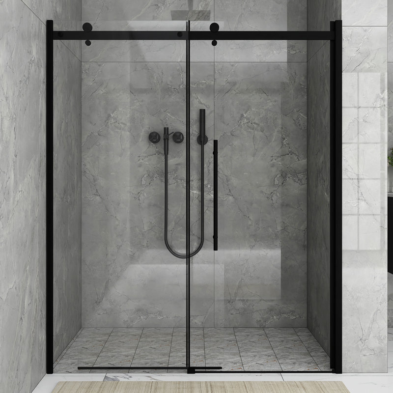 60 po X P 72 po Porte de douche coulissante semi-sans cadre en H au fini noir mat avec verre trempé transparent