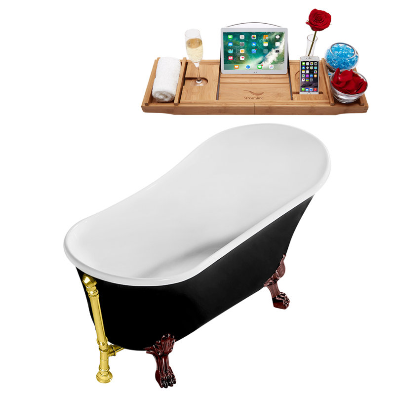 59" Streamline Clawfoot Soaking Acrylic Bathtub With Drain, Clawfeet, and Bamboo Tray, Polished Gold, Matte Oil Rubbed Bronze