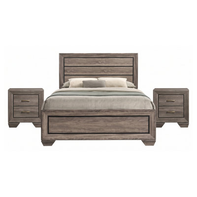 Ensemble de chambre à coucher 3 pièces Brennan taupe délavé pour lit queen avec lit de rangement, commode et miroir