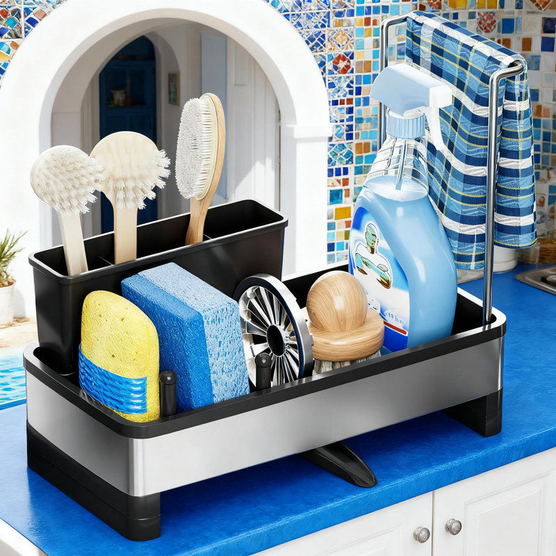 Organisateur de chariot d'évier en acier inoxydable avec éponge et porte-brosse, support à vaisselle, bec de drain rotatif, rangement de comptoir antirouille pour évier de cuisine