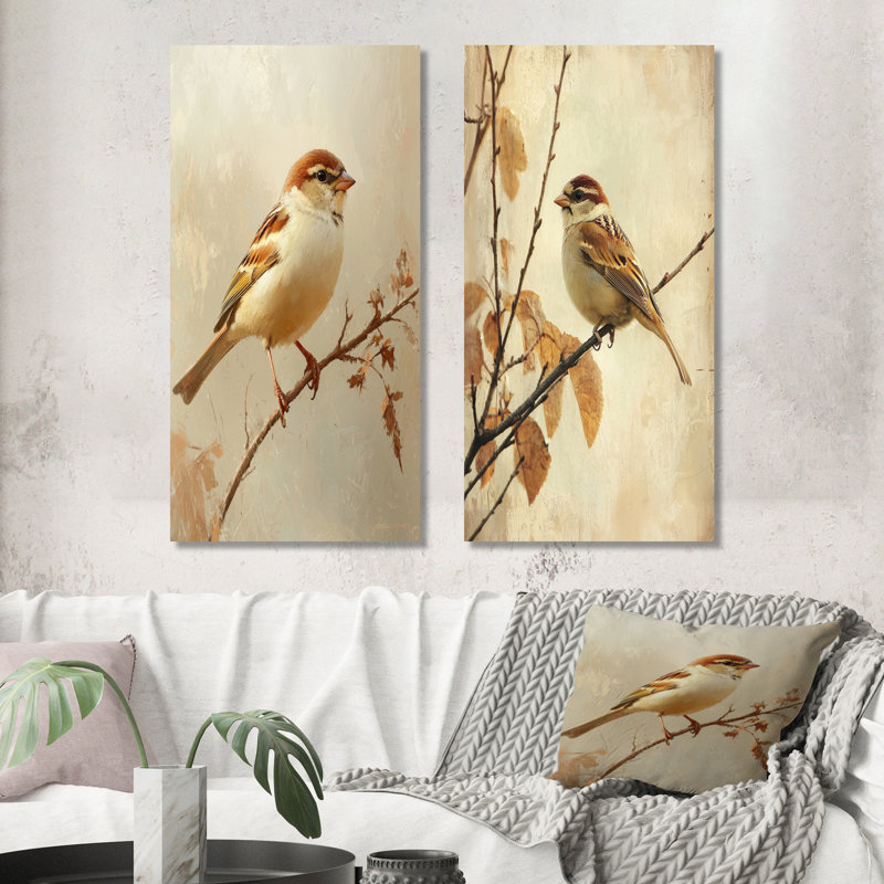 Curious Sparrow I - Birds, impression murale 2 pièces en métal, 40" H x 40" W