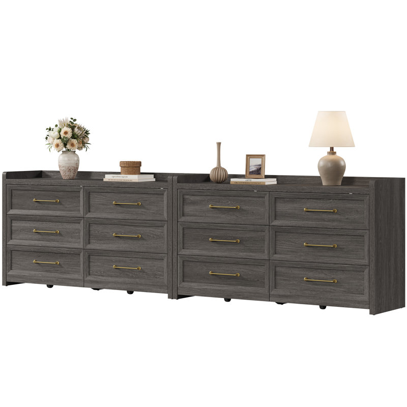 56.4"W Modern 6-Drawer Dresser, Dark Gray Oak
