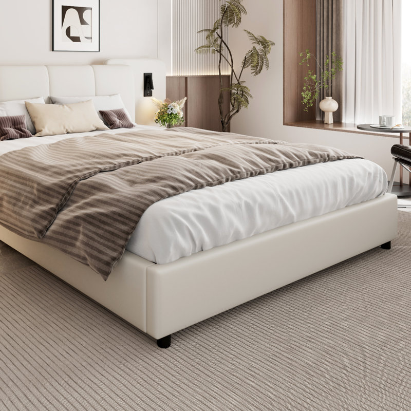 Upholstered Double Bed With Usb Charging - Storage Bed , Beige