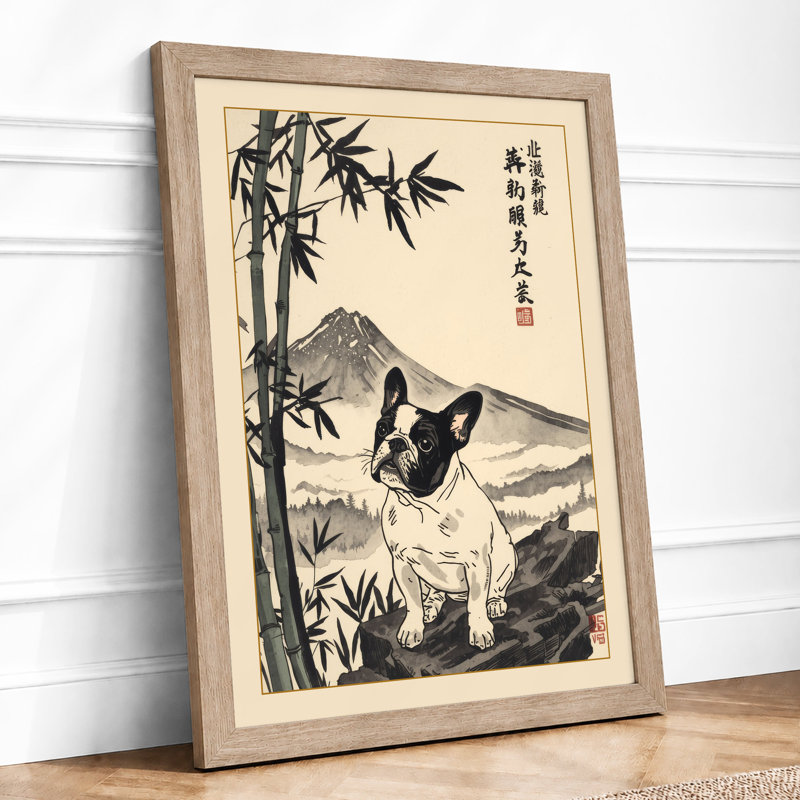 Cat Among Bamboo Japandi - Framed Print, A4 - 29.7 x 21.0 cm, Oak