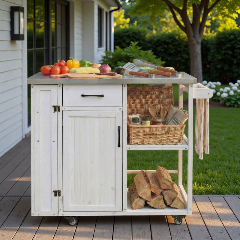 Îlot de cuisine extérieur avec plateau en acier inoxydable, serviette, étagères à épices, armoire, espace de rangement ouvert et tiroir