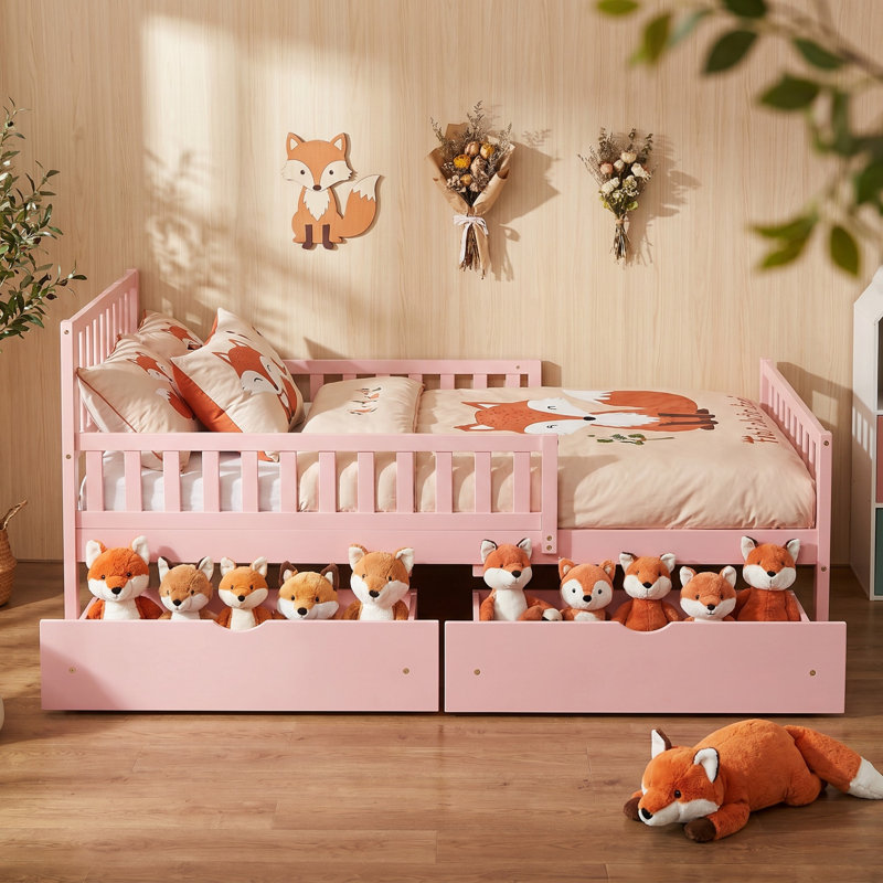 Lit simple: lit pour tout-petits en bois de pin rose avec rails de clôture de sécurité et 2 tiroirs de rangement sous le lit