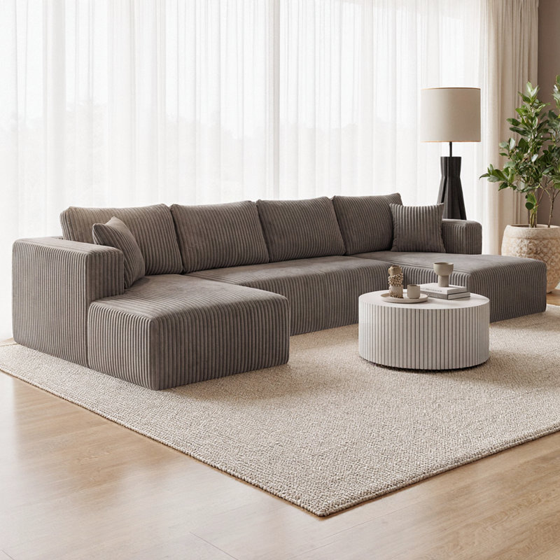 Canapé modulaire en U en forme de U, canapé en velours côtelé compressé de 130 po, canapé-lit minimaliste moderne pour le salon et la chambre à coucher, canapé en mousse moelleuse à 4 places, peu encombrant, aucun assemblage requis