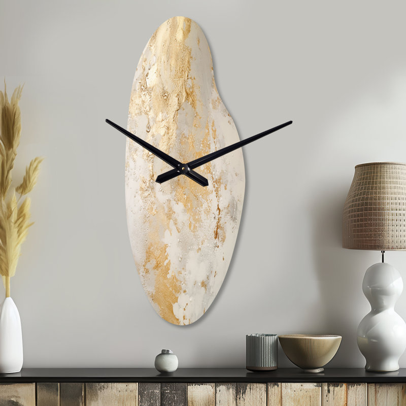 Teeple Fizzs - Beige et or fantaisie - horloge murale incurvée abstraite en métal, horloge murale asymétrique en métal beige