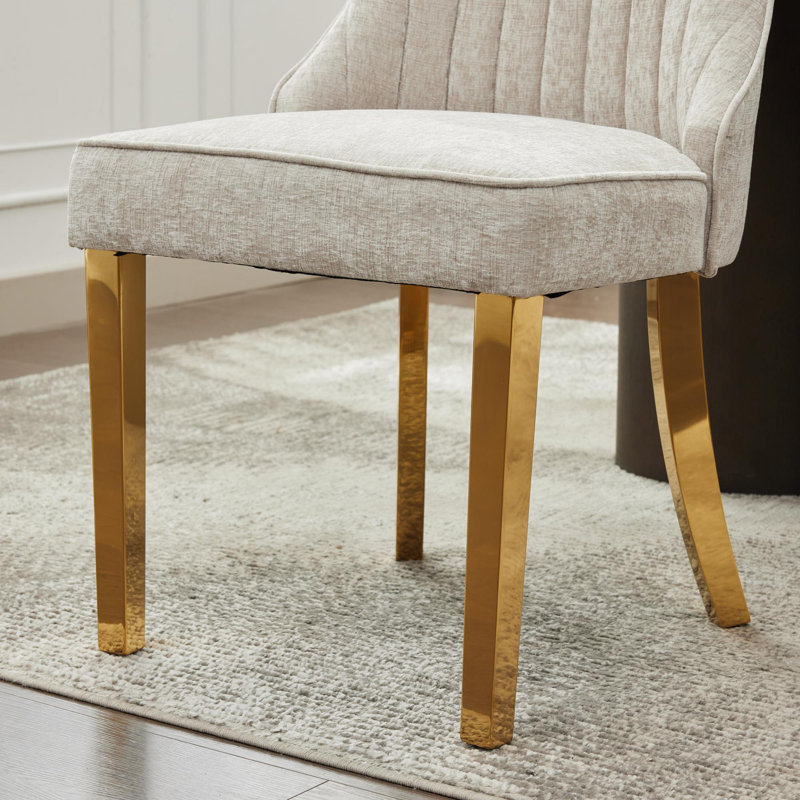 Chaise de salle à manger rembourrée haut de gamme à dossier haut avec pieds en bois massif (lot de 2), Chenille, Beige, Steel