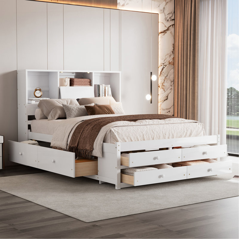 Grand lit plateforme avec tête de lit et 8 tiroirs, blanc, Queen