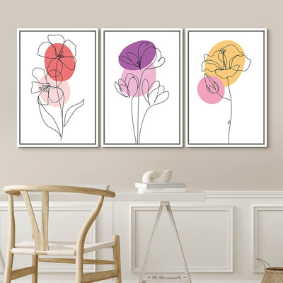 «Daisy and Tulip Variété with Purple and Pink Color pois Floral Botanical», ensemble de 3 impressions sur toile flottante